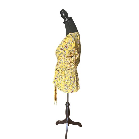 Max Studio Yellow Floral Blouse - Tie Waist - Bright Summer Print - Picture 4 of 7